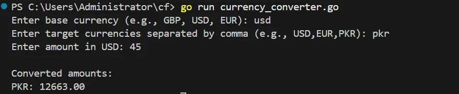 Go Lang Currency Converter Output